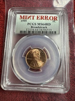 1999 Lincoln Cent Mint Error Broadstuck PCGS MS64RD - Image 1 of 4