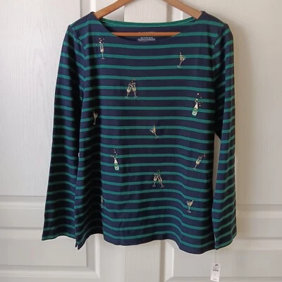 Camiseta para mujer Talbots azul marino/verde a rayas bordada cuello barco cóctel talla L Foto 1 de 4
