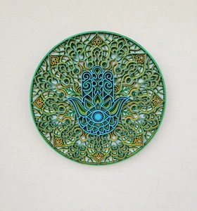 Decorazione da parete in legno Hamza mano e tondo fiore mandala fortunato arabo simboli sacri 3D - Foto 1 di 10