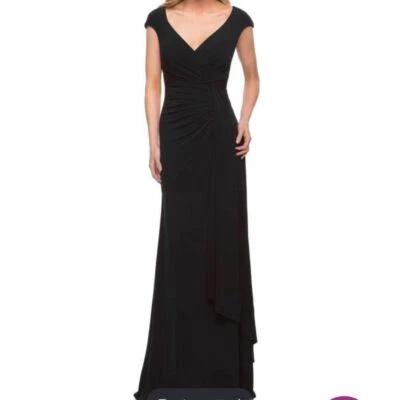La Femme Black Gown Sz 10 NWT Style 29814 Cap Sleeves Ruching Sweep Train Jersey - Image 1 of 4