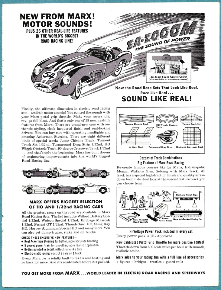 1964 MARX ROAD RACE SET ~ ZA-ZOOM SOUNDS! ~ HO & 1/32nd CARS - Image 1 of 1