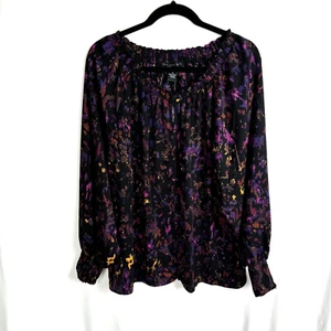 Joan Vass Women's Blouse Top Size 1X Purple/Black Print Long Cuffed Sleeves NEW - Picture 1 of 7