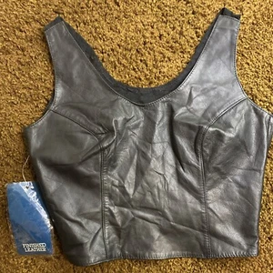 NEW Vintage Bermans Leather Tank Top Lace Back Black Womens M Biker Crop Zip NWT - Picture 1 of 10