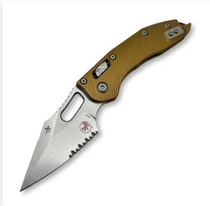 Microtech Manual Stitch Tan Aluminum, Stonewash, Part Serrated - NEW - Picture 1 of 2