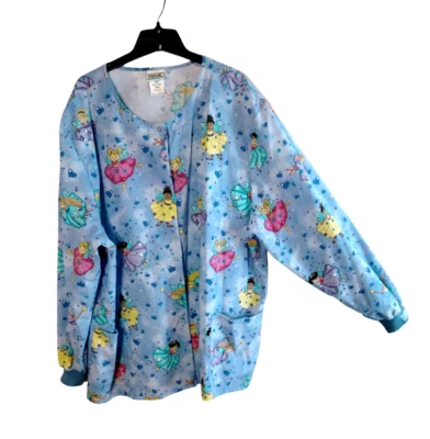 Simply Basic Sz. 2XL Snap Front LS Scrub Top Girl Angel Print Poly Cotton NWOT - Image 1 of 4