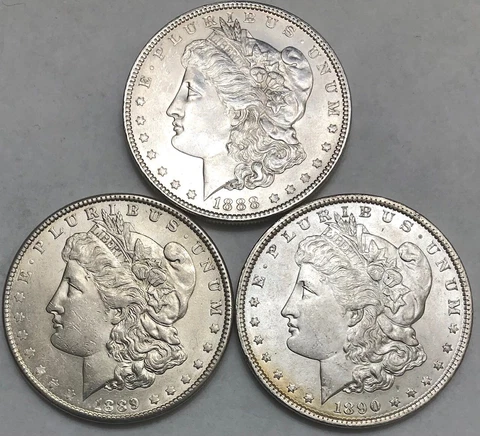 Lot of 3 (1888-P, 1889-P, 1890-P) Morgan Silver Dollars AU/BU Details Cover