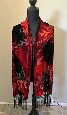 Vtg Burnout Velveteen Shawl Red Multicolor Beautiful NOS 72 in long plus Fringe - Image 1 of 4