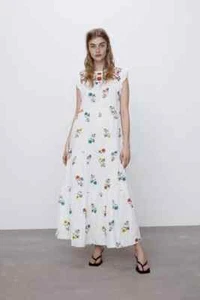 ZARA M UK 10 White Mexican Embroidered Tiered Cotton Maxi Long Boho Dress - Bild 1 von 12