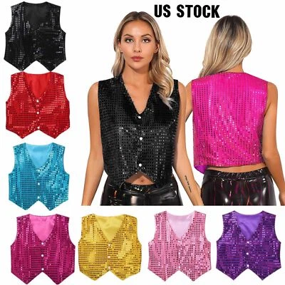 Women's Shiny Sequin Vest Stylish Waistcoat Sleeveless Party Dance Costume - Image 1 of 2