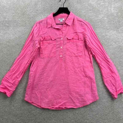 Old Navy Shirt Womens Size Medium Pink Linen Long Roll Tab Sleeve Henley - Image 1 of 4