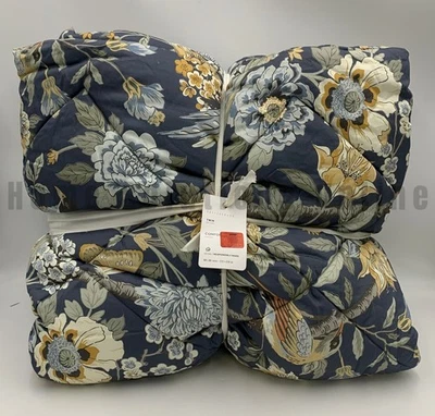 Edredón Pottery Barn Floral Bird Bloom Algodón Satén Azul Doble/XL #1335 Foto 1 de 3