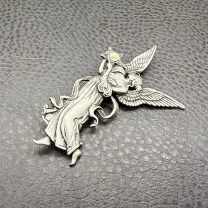 Vintage JJ Angel Brooch Pin Silver Tone Winged Art Deco Woman Star Jewelry - Picture 1 of 9