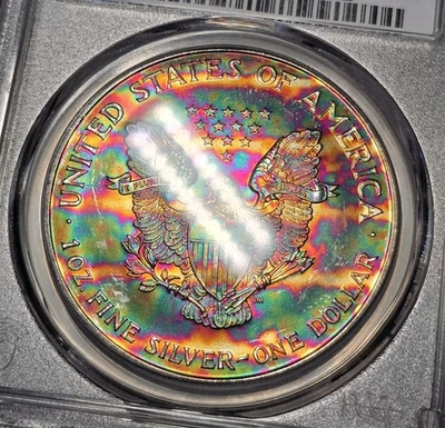 1995 American Silver Eagle PCGS MS68 Rainbow Toned Inane Cardboard Neon Color - Image 1 of 4