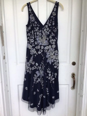 Aidan Mattox Sleeveless Double V Beaded Floral Navy Cocktail Dress Size 4, India - Image 1 of 4