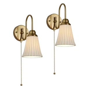 2 Pack Modern Ceramic Gold Hardwired Wall Sconce Wall Lighting with Pull Chain S - Picture 1 of 2