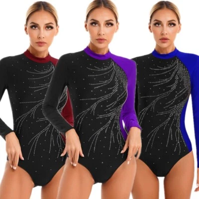 Traje de gimnasia Tiaobug pedrería mujer manga larga cuello alto traje de ballet disfraz