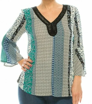 Blusa de crepé arrugado manga campana Zac & Rachel talla L XL verde azulado multi nueva con etiquetas $48 Foto 1 de 4