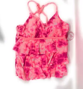 Justice for Girls Pink Tie Dye Ruffle Tankini Top Swimsuit~Size 14 Plus~NWT - Picture 1 of 2