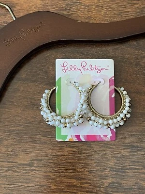 Lilly Pulitzer Resort WHITE BEADED HOOP EARRINGS Gold Metallic Baubles GWP NWT - Image 1 of 4