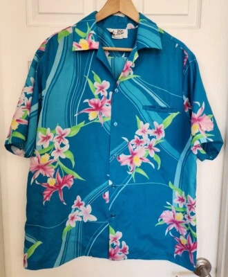 VTG Hilo Hattie Blue with Pink Green Flowers Hawaiian Print Shirt. Size XL - Image 1 of 4
