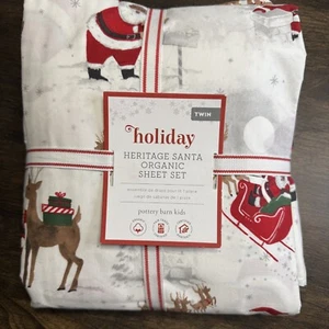 POTTERY BARN KIDS HOLIDAY HERITAGE BLACK SANTA ORGANIC TWIN SHEET SET - Picture 1 of 4