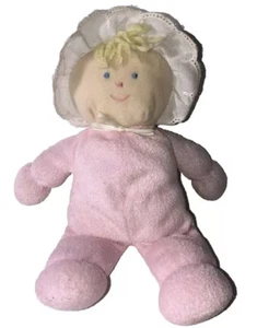 Muñeca bebé niña de peluche Eden vintage gorro rosa tela de rizo ojos azules rubia Lovey - Imagen 1 de 9