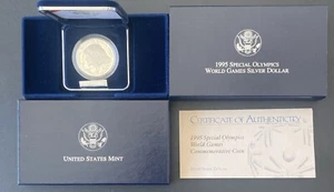 Moneda de plata de $1 de los Juegos Mundiales de Olimpiadas Especiales 1995-P prueba, OGP y certificado de autenticidad - Imagen 1 de 3