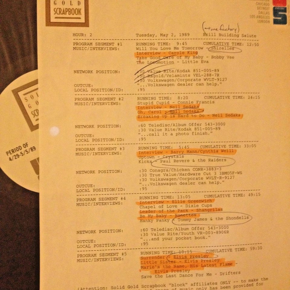 5/2/89 SOLID GOLD BRILL BUILDING TRIBUTE: NEIL SEDAKA (2), ELVIS PRESLEY (2) - Image 1 of 1