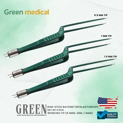 JUEGO DE 3 Pinzas Bipolares Antiadherentes Conector Us 2 pines, 22 cm PUNTA 0,5 mm, 1 mm, 1,5 mm Foto 1 de 4
