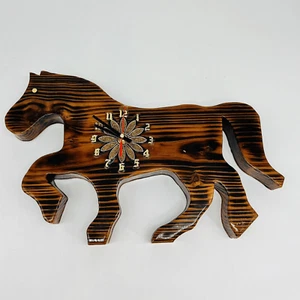 Vintage Solid Wood Hand Carved Wood Horse Clock WORKS! MCM Wall Decor Gold Brown - Picture 1 of 12