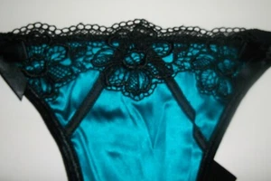 Bnwt La Senza Georgia Thong 8 10 12 14 16 Teal Silk Black Lace - Picture 1 of 4