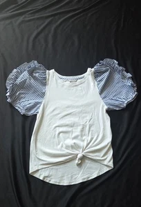 Habitual Girl Blue White Stripe Puff Sleeve Tie Front Top Blouse Size 10 - Picture 1 of 4