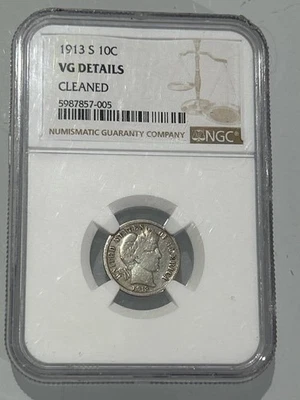 1913-S Barber Dime NGC VG Details Cleaned Key Date San Francisco (NJL029377) - Image 1 of 4