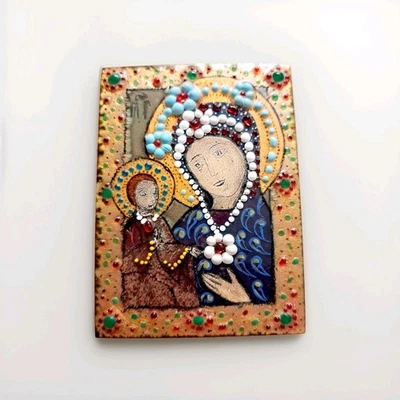 Ancienne Plaque Religieuse Email Sur cuivre Vierge Marie A L'enfant Icône Russe - Photo 1/4