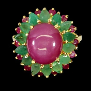 925 Sterling Silver Ring Big Oval Ruby 12.5x11.5mm Emerald Gemstone Jewelry Sz 9 - Picture 1 of 13