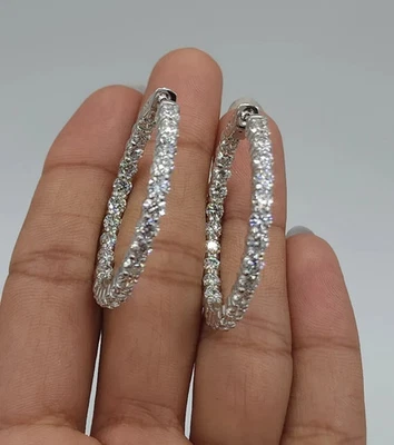 4 Ct Round-Cut VS Lab Grown Diamond Inside & Outside Hoop Earring 14K White Gold - Image 1 of 4