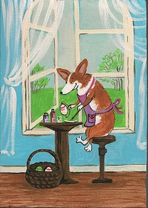 5x7 IMPRESIÓN DE PINTURA PEMBROKE GALÉS CORGI RYTA ARTE POPULAR CESTA DE HUEVOS DE PASCUA - Imagen 1 de 1