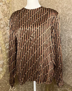 Anne Klein II Vintage 80’s Gold Striped 100% Silk Long Sleeve Blouse Sz. M - Picture 1 of 8