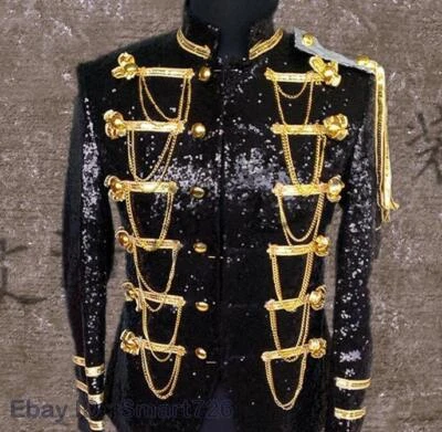 Blazer masculino lantejoulas dourado bling terno militar bar casaco jaqueta vestido formal - Imagem 1 de 4