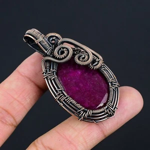 Oval July ruby Gemstone Boho Wedding New Wire Wrap Sister Pendant Jewelry Copper - Picture 1 of 8