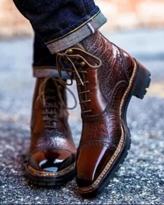 New Handmade Men's Chocolate Brown Leather Boots Lace up Ankle Dress Shoes - Picture 1 of 4
