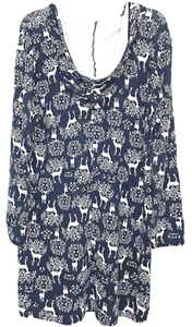 Christmas Reindeer Nightgown Sz L Dark Blue Long Sleeve Scoop Neck Hoodie Short - Picture 1 of 4