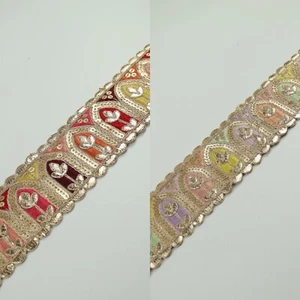 2 COLOURS Multi Colour Arch Floral Sequin Embroidered Trim Border Lace 6cm Wide - Picture 1 of 13