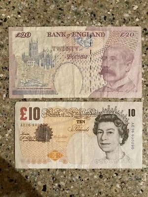 Lote de 2 libras esterlinas un 20 y un 10 años 90 circulados Foto 1 de 2