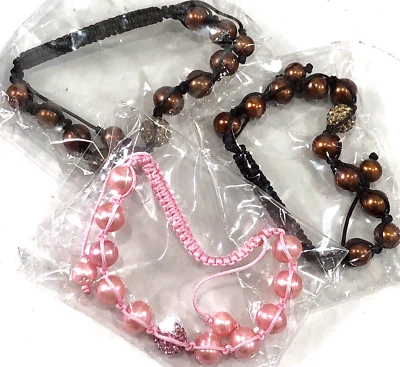 Pulsera Perla Ajustable Nuevo Lote de 3 - (2) Bronce y (1) Rosa Foto 1 de 4