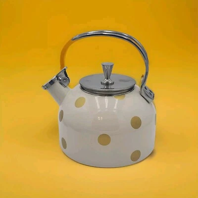 Lenox Deco Dot  Kate Spade 2.5 Qt Tea Kettle White Gold Polka Enamel Stainless - Image 1 of 4