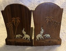 Teak Asian Elephant Tree Wood Folding Bookends Set Hand Inlaid M.USUF Ali & Sons