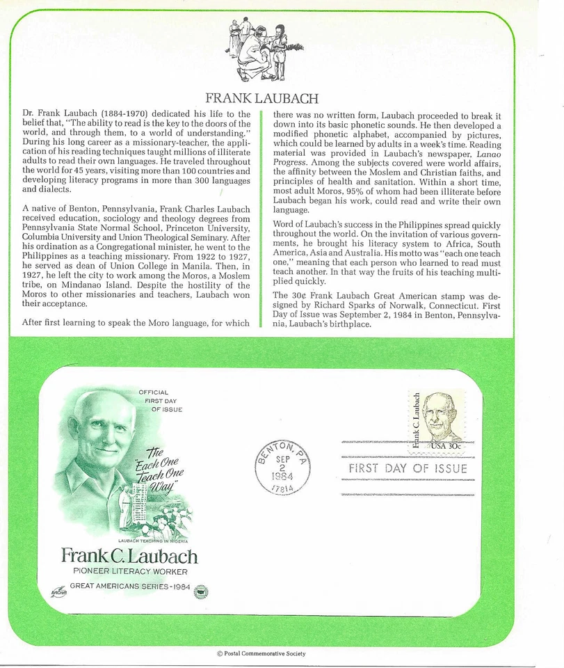 1984 Frank Laubach, literacy reading, Benton Pa Sc 1864 FDC Info Page PCS - Image 1 of 1