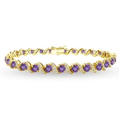 Gold Flash 925 Silver African Amethyst 4mm Round-Cut S Design Tennis Bracelet - Image 1 of 3