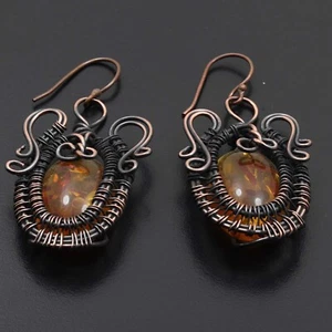 Created Amber Gemstone Copper Wire Wrapped Designer Earrings 2.4" Jewelry G2637 - Picture 1 of 3